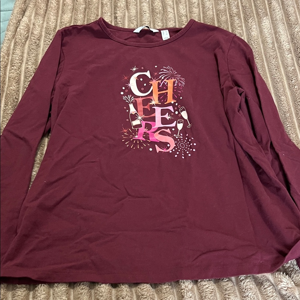 Denim&Co Burgundy Long Sleeve Tee with Pink Cheers Graphic